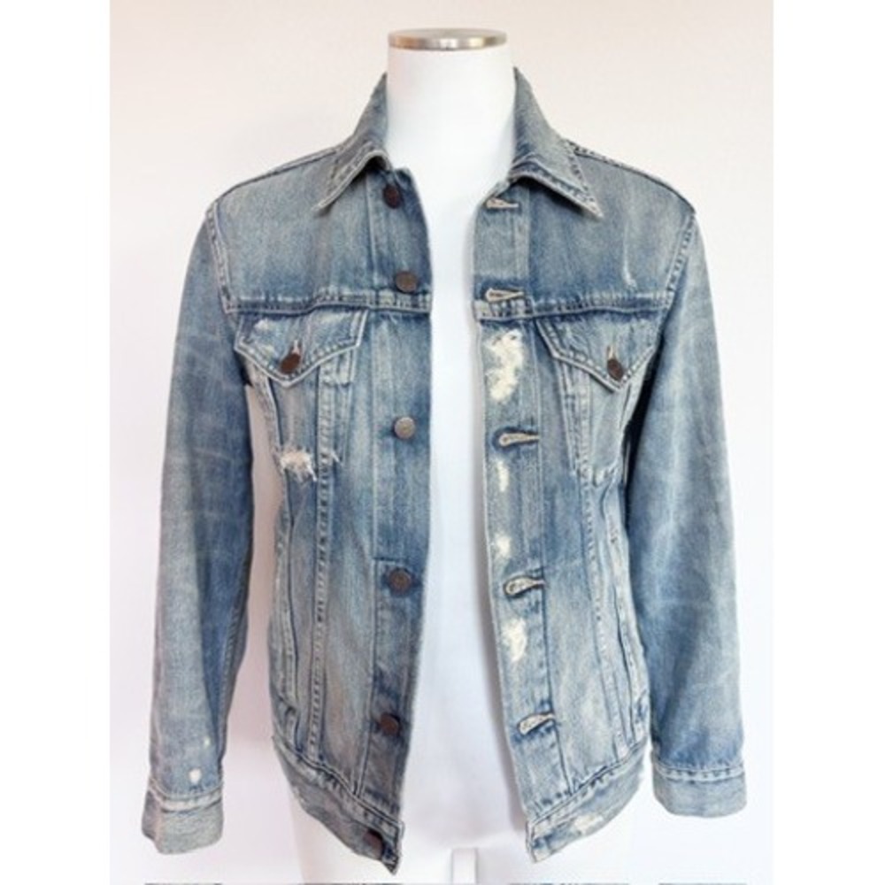 ABLE Women XS Distressed Denim Trucker Jacket Light Wash Cotton Lyocell Blue